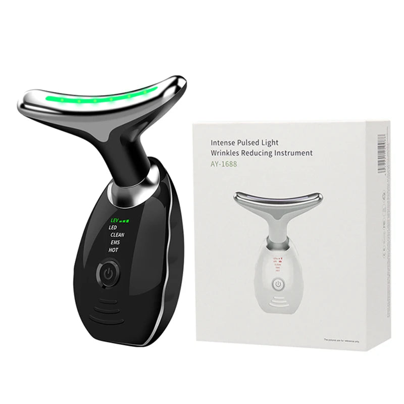 Appareil de beauté électrique à microcourants anti-rides avec LED photonique pour le visage et le cou, masseur EMS chauffant pour lifter et raffermir la peau.