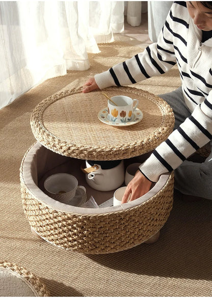 Table basse tressée en fibre végétale, mobilier moderne, table de thé tatami, table d’appoint pour salon et canapé, plateforme à thé créative avec rangement rond.