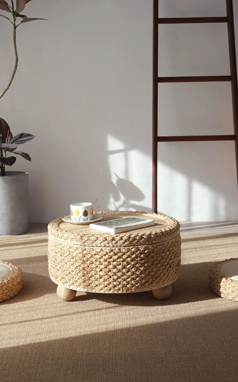 Table basse tressée en fibre végétale, mobilier moderne, table de thé tatami, table d’appoint pour salon et canapé, plateforme à thé créative avec rangement rond.