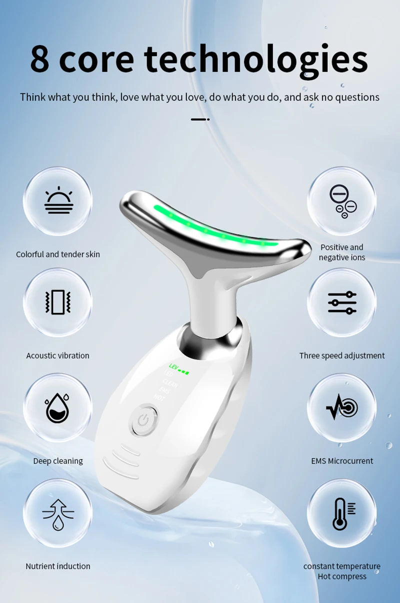 Appareil de beauté électrique à microcourants anti-rides avec LED photonique pour le visage et le cou, masseur EMS chauffant pour lifter et raffermir la peau.
