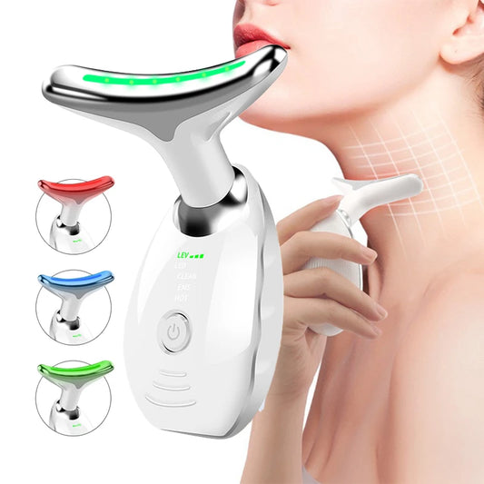 Appareil de beauté électrique à microcourants anti-rides avec LED photonique pour le visage et le cou, masseur EMS chauffant pour lifter et raffermir la peau.