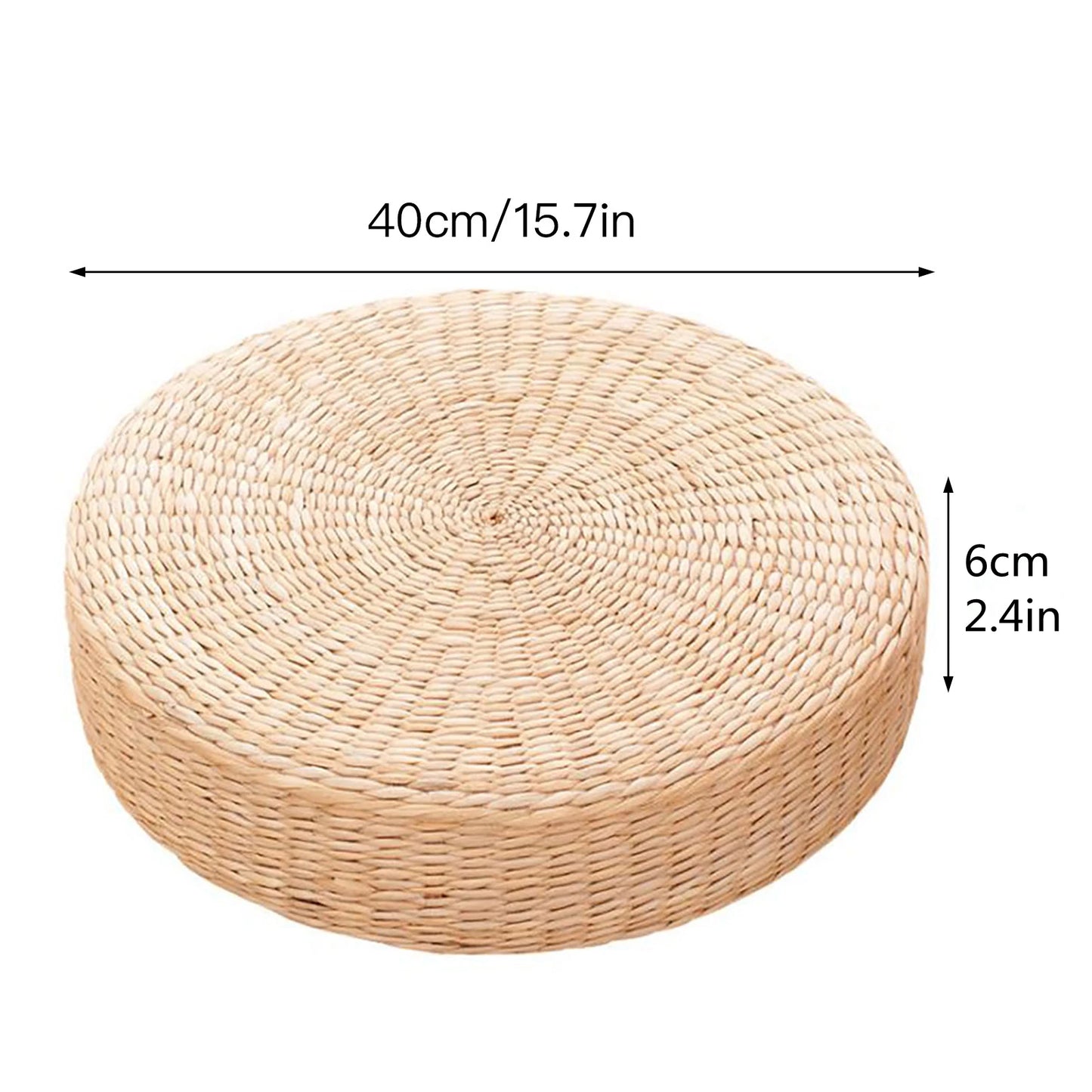 Pouf rond en paille naturelle tressée à la main 40 × 40 cm, coussin tatami de sol style japonais, textile de maison.