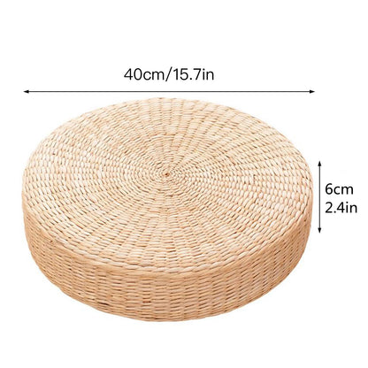 Pouf rond en paille naturelle tressée à la main 40 × 40 cm, coussin tatami de sol style japonais, textile de maison.