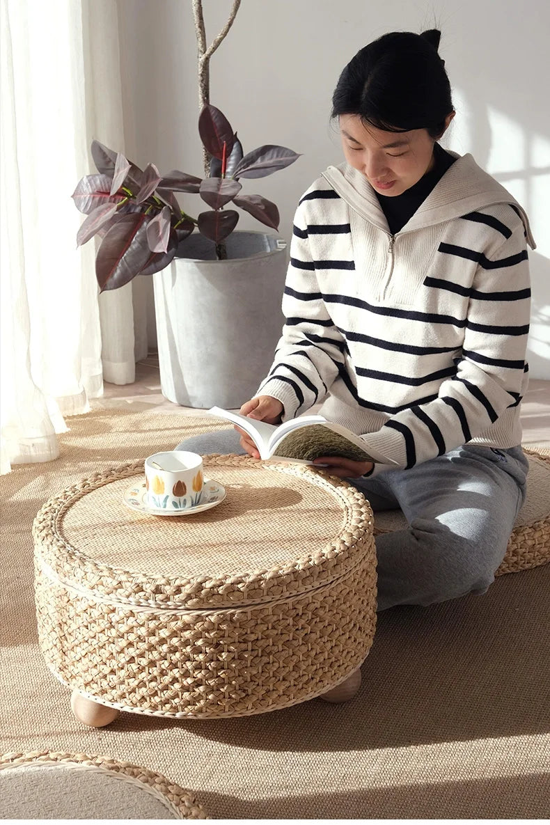 Table basse tressée en fibre végétale, mobilier moderne, table de thé tatami, table d’appoint pour salon et canapé, plateforme à thé créative avec rangement rond.