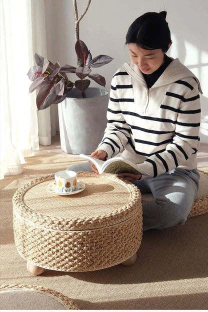 Table basse tressée en fibre végétale, mobilier moderne, table de thé tatami, table d’appoint pour salon et canapé, plateforme à thé créative avec rangement rond.
