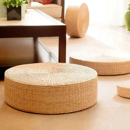 Pouf rond en paille naturelle tressée à la main 40 × 40 cm, coussin tatami de sol style japonais, textile de maison.