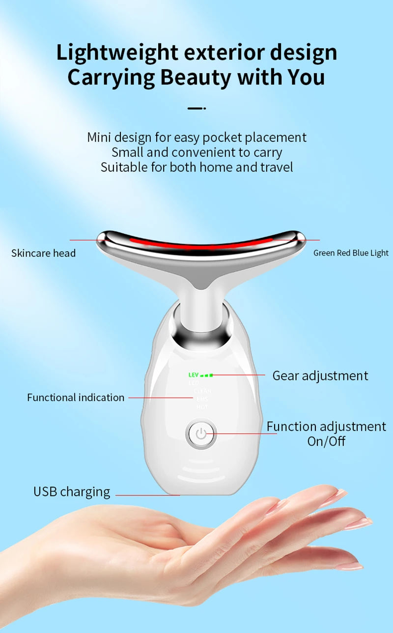 Appareil de beauté électrique à microcourants anti-rides avec LED photonique pour le visage et le cou, masseur EMS chauffant pour lifter et raffermir la peau.