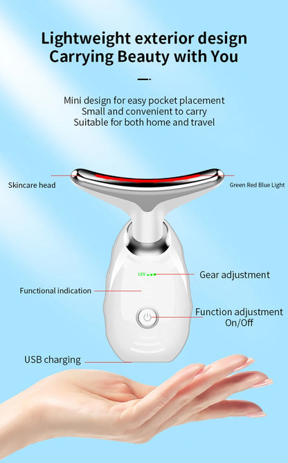 Appareil de beauté électrique à microcourants anti-rides avec LED photonique pour le visage et le cou, masseur EMS chauffant pour lifter et raffermir la peau.