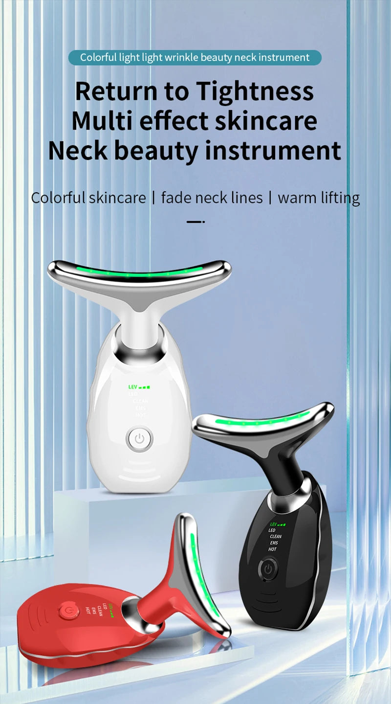 Appareil de beauté électrique à microcourants anti-rides avec LED photonique pour le visage et le cou, masseur EMS chauffant pour lifter et raffermir la peau.