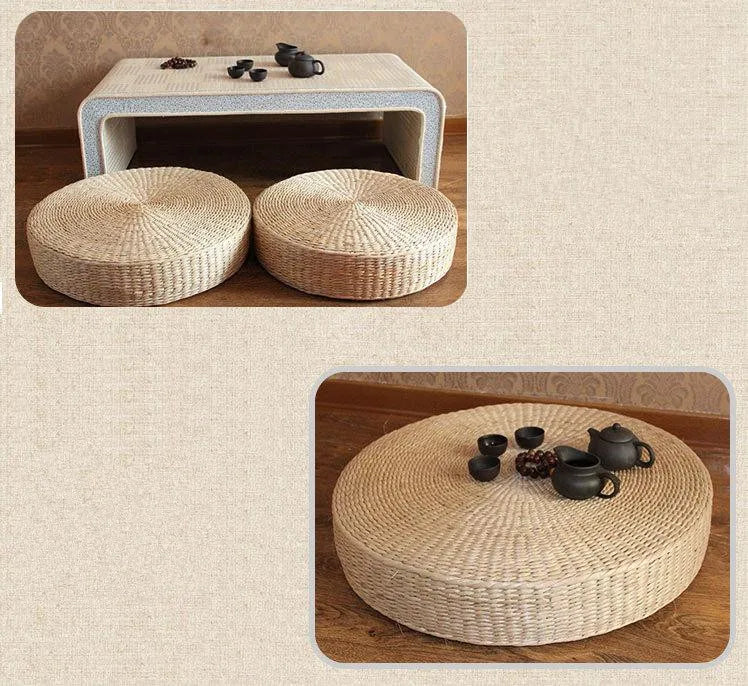 Pouf rond en paille naturelle tressée à la main 40 × 40 cm, coussin tatami de sol style japonais, textile de maison.