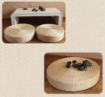 Pouf rond en paille naturelle tressée à la main 40 × 40 cm, coussin tatami de sol style japonais, textile de maison.