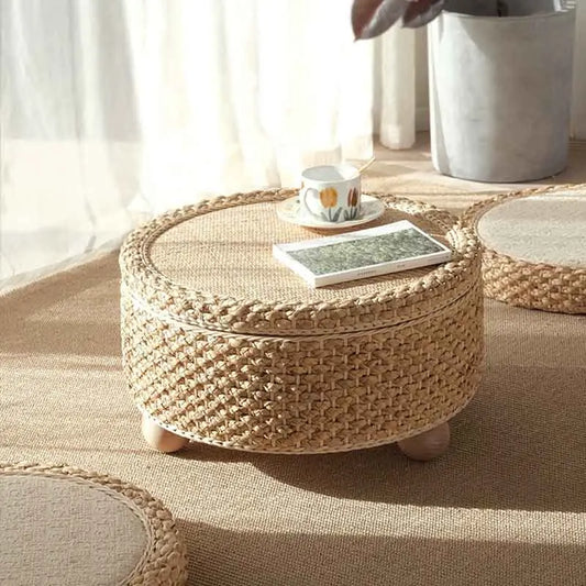 Table basse tressée en fibre végétale, mobilier moderne, table de thé tatami, table d’appoint pour salon et canapé, plateforme à thé créative avec rangement rond.