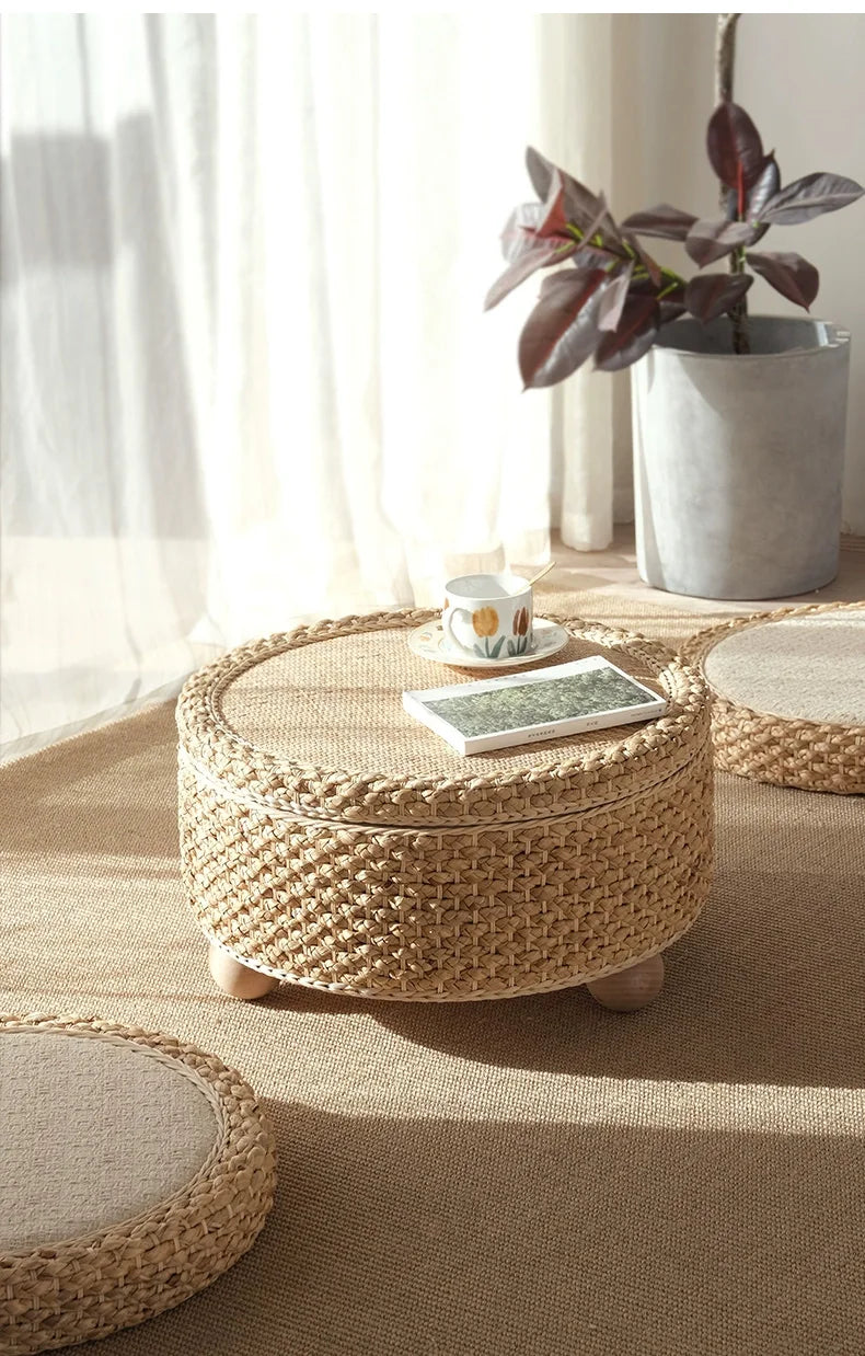 Table basse tressée en fibre végétale, mobilier moderne, table de thé tatami, table d’appoint pour salon et canapé, plateforme à thé créative avec rangement rond.