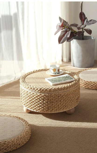 Table basse tressée en fibre végétale, mobilier moderne, table de thé tatami, table d’appoint pour salon et canapé, plateforme à thé créative avec rangement rond.