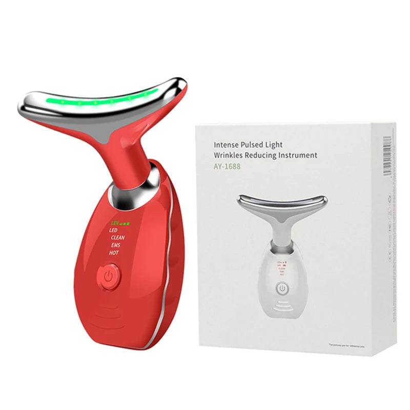 Appareil de beauté électrique à microcourants anti-rides avec LED photonique pour le visage et le cou, masseur EMS chauffant pour lifter et raffermir la peau.