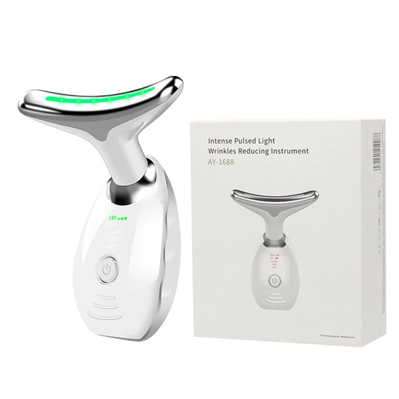 Appareil de beauté électrique à microcourants anti-rides avec LED photonique pour le visage et le cou, masseur EMS chauffant pour lifter et raffermir la peau.