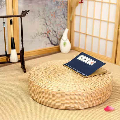 Pouf rond en paille naturelle tressée à la main 40 × 40 cm, coussin tatami de sol style japonais, textile de maison.
