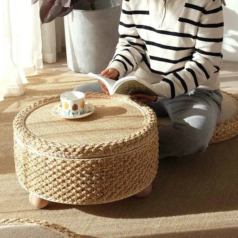 Table basse tressée en fibre végétale, mobilier moderne, table de thé tatami, table d’appoint pour salon et canapé, plateforme à thé créative avec rangement rond.