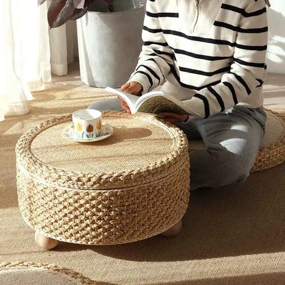 Table basse tressée en fibre végétale, mobilier moderne, table de thé tatami, table d’appoint pour salon et canapé, plateforme à thé créative avec rangement rond.