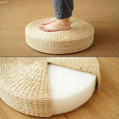 Pouf rond en paille naturelle tressée à la main 40 × 40 cm, coussin tatami de sol style japonais, textile de maison.