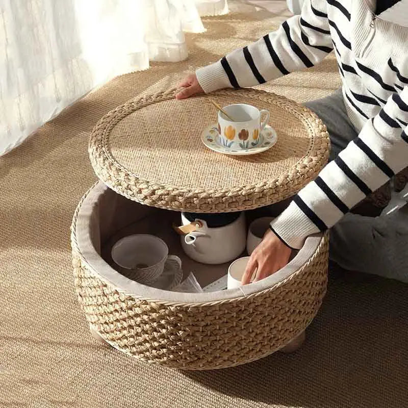 Table basse tressée en fibre végétale, mobilier moderne, table de thé tatami, table d’appoint pour salon et canapé, plateforme à thé créative avec rangement rond.